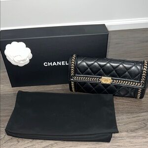 RARE!! Chanel Black and Gold Quilted distressed chain flap wallet